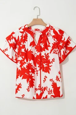 Outlet Dear-Lover Plant Print Tie Ruffled Sleeve V Neck Blouse Red