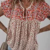 Sale Dear-Lover Printed Embroidery Detail Tie Split Neck Blouse Red
