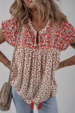 Sale Dear-Lover Printed Embroidery Detail Tie Split Neck Blouse Red