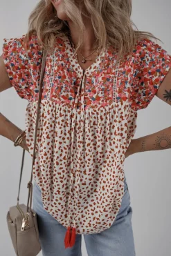 Sale Dear-Lover Printed Embroidery Detail Tie Split Neck Blouse Red