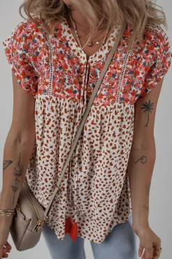 Sale Dear-Lover Printed Embroidery Detail Tie Split Neck Blouse Red
