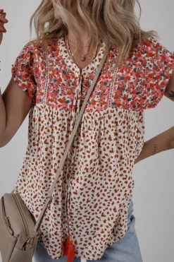 Sale Dear-Lover Printed Embroidery Detail Tie Split Neck Blouse Red