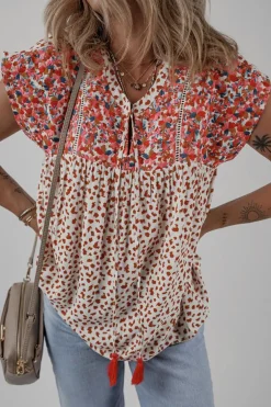 Sale Dear-Lover Printed Embroidery Detail Tie Split Neck Blouse Red