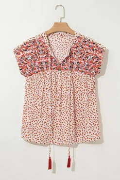 Sale Dear-Lover Printed Embroidery Detail Tie Split Neck Blouse Red