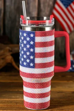 Outlet Dear-Lover Rhinestone American Flag Print Handled 40oz Thermos Tumbler Red