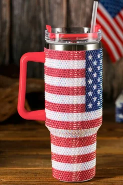 Outlet Dear-Lover Rhinestone American Flag Print Handled 40oz Thermos Tumbler Red