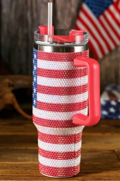 Outlet Dear-Lover Rhinestone American Flag Print Handled 40oz Thermos Tumbler Red