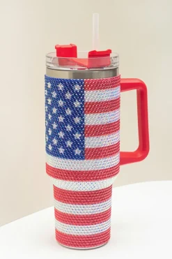 Outlet Dear-Lover Rhinestone American Flag Print Handled 40oz Thermos Tumbler Red