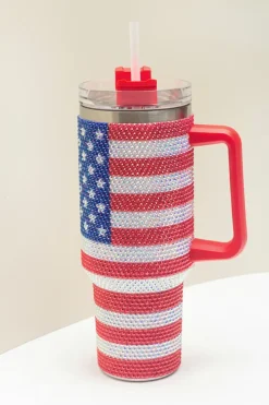 Outlet Dear-Lover Rhinestone American Flag Print Handled 40oz Thermos Tumbler Red