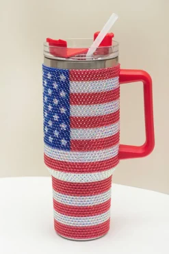 Outlet Dear-Lover Rhinestone American Flag Print Handled 40oz Thermos Tumbler Red