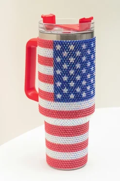 Outlet Dear-Lover Rhinestone American Flag Print Handled 40oz Thermos Tumbler Red