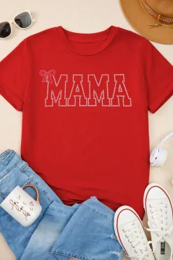 Outlet Dear-Lover Red Rhinestone MAMA Bow Knot Pattern Crew Neck Loose Tee Red-2