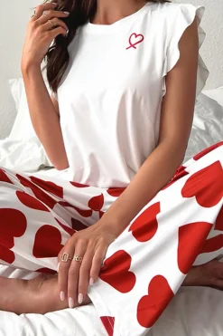 Clearance Dear-Lover Ruffled Tank Top And Heart Print Pants Lounge Set Red