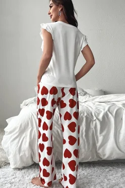 Clearance Dear-Lover Ruffled Tank Top And Heart Print Pants Lounge Set Red