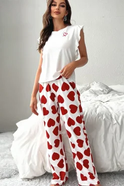 Clearance Dear-Lover Ruffled Tank Top And Heart Print Pants Lounge Set Red