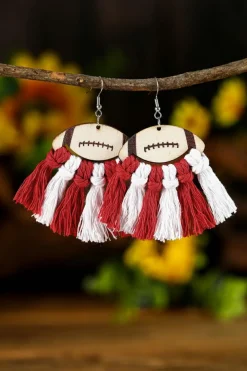 Hot Dear-Lover Rugby Football Color Block Braided Tasseled Drop Earrings Red