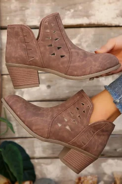 Sale Dear-Lover Cut Out Suede Pointed Toe Heeled Ankle Boots Red Sandalwood