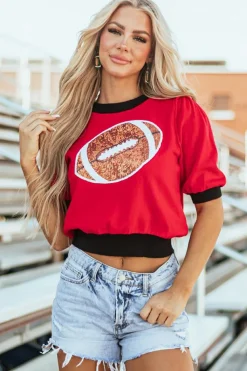 Clearance Dear-Lover Sequin Rugby Color Block Puff Short Sleeve Sweater Red