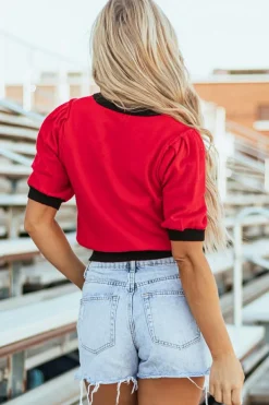 Clearance Dear-Lover Sequin Rugby Color Block Puff Short Sleeve Sweater Red