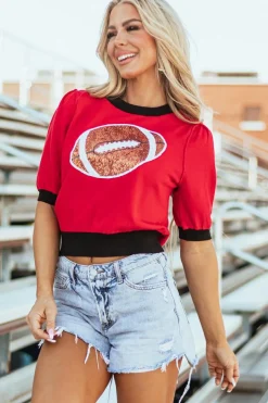 Clearance Dear-Lover Sequin Rugby Color Block Puff Short Sleeve Sweater Red