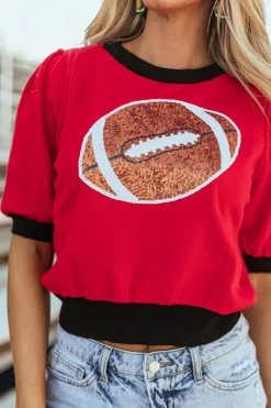 Clearance Dear-Lover Sequin Rugby Color Block Puff Short Sleeve Sweater Red