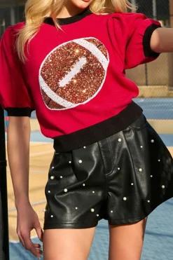 Clearance Dear-Lover Sequin Rugby Color Block Puff Short Sleeve Sweater Red