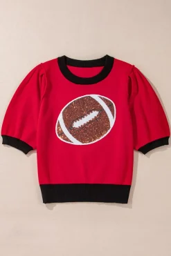 Clearance Dear-Lover Sequin Rugby Color Block Puff Short Sleeve Sweater Red