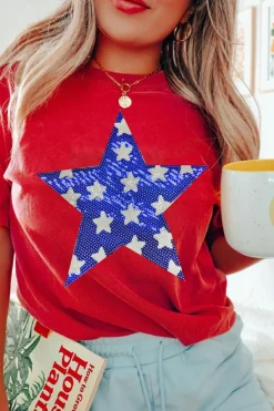 Fashion Dear-Lover Red Sequin Star Graphic Crewneck T Shirt Red-2