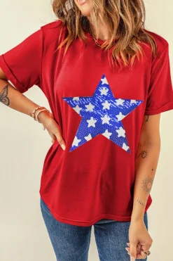 Fashion Dear-Lover Red Sequin Star Graphic Crewneck T Shirt Red-2