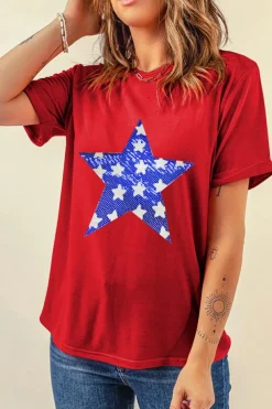 Fashion Dear-Lover Red Sequin Star Graphic Crewneck T Shirt Red-2