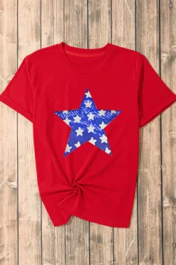 Fashion Dear-Lover Red Sequin Star Graphic Crewneck T Shirt Red-2