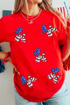 Fashion Dear-Lover Red Sequin Stars and Stripes Balloon Puppy Graphic Crewneck Tee Red-2