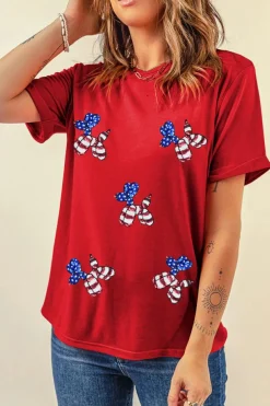 Fashion Dear-Lover Red Sequin Stars and Stripes Balloon Puppy Graphic Crewneck Tee Red-2