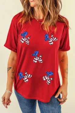 Fashion Dear-Lover Red Sequin Stars and Stripes Balloon Puppy Graphic Crewneck Tee Red-2