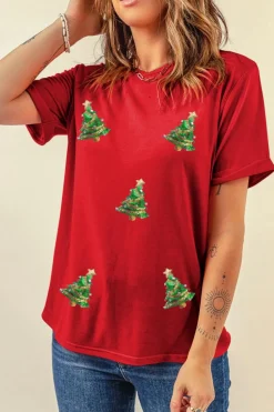 Best Dear-Lover Red Sequined Christmas Tree Graphic Crewneck T Shirt Red-2