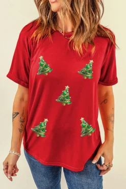 Best Dear-Lover Red Sequined Christmas Tree Graphic Crewneck T Shirt Red-2
