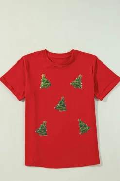 Best Dear-Lover Red Sequined Christmas Tree Graphic Crewneck T Shirt Red-2