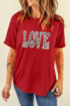 Fashion Dear-Lover Red Sequined LOVE Letter Valentines T-shirt Red-2