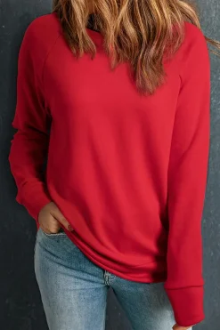 New Dear-Lover Solid Round Neck Raglan Sleeve Sweatshirt Red