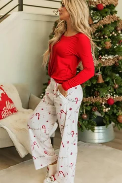 Hot Dear-Lover Solid Top and Christmas Pants Two Piece Lounge Set Red