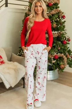 Hot Dear-Lover Solid Top and Christmas Pants Two Piece Lounge Set Red