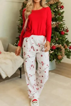 Hot Dear-Lover Solid Top and Christmas Pants Two Piece Lounge Set Red