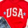 Sale Dear-Lover Red Star USA Print Crewneck Patriotic T Shirt Red-2