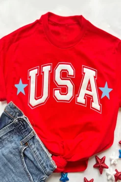 Sale Dear-Lover Red Star USA Print Crewneck Patriotic T Shirt Red-2