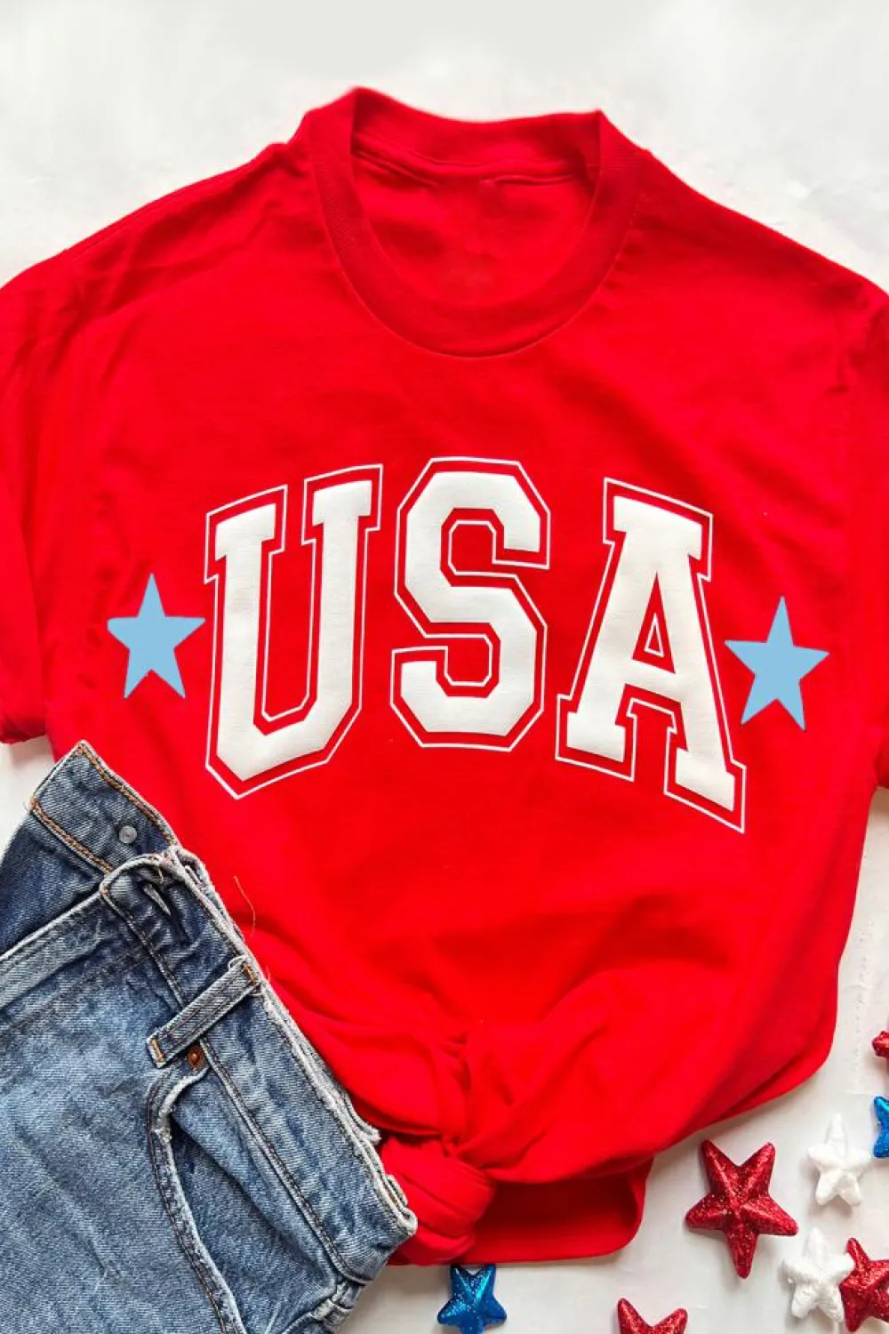 Sale Dear-Lover Red Star USA Print Crewneck Patriotic T Shirt Red-2