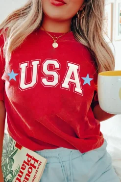 Sale Dear-Lover Red Star USA Print Crewneck Patriotic T Shirt Red-2