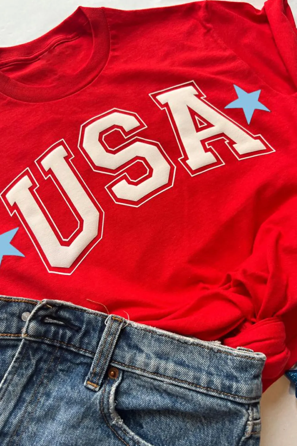 Sale Dear-Lover Red Star USA Print Crewneck Patriotic T Shirt Red-2