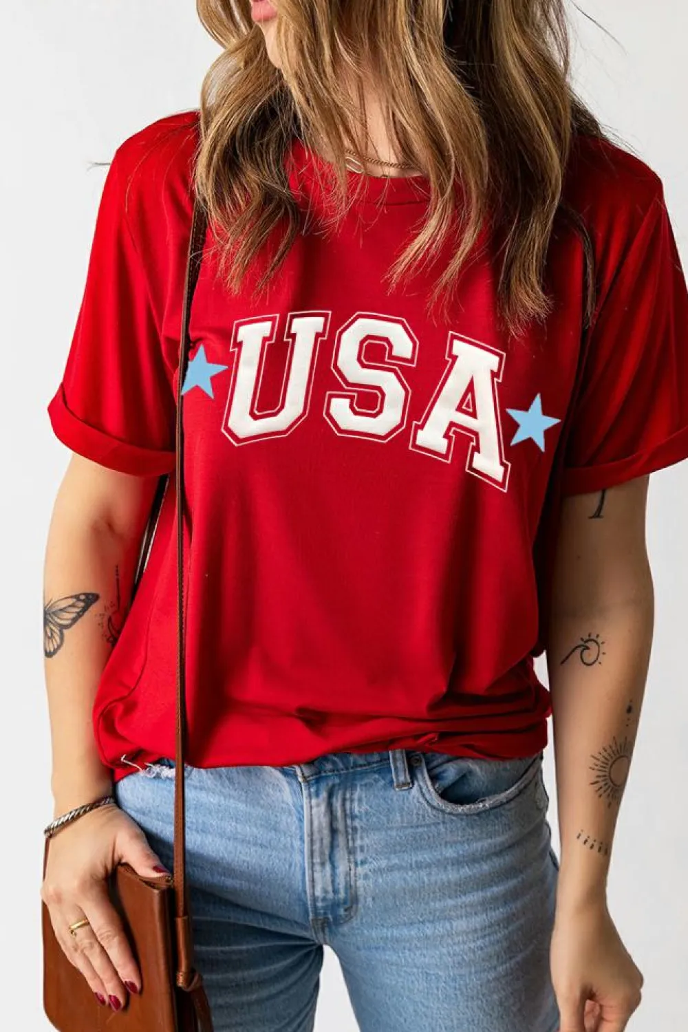 Sale Dear-Lover Red Star USA Print Crewneck Patriotic T Shirt Red-2