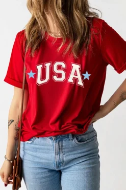 Sale Dear-Lover Red Star USA Print Crewneck Patriotic T Shirt Red-2