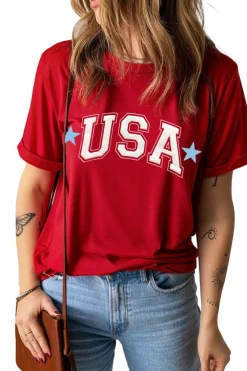 Sale Dear-Lover Red Star USA Print Crewneck Patriotic T Shirt Red-2